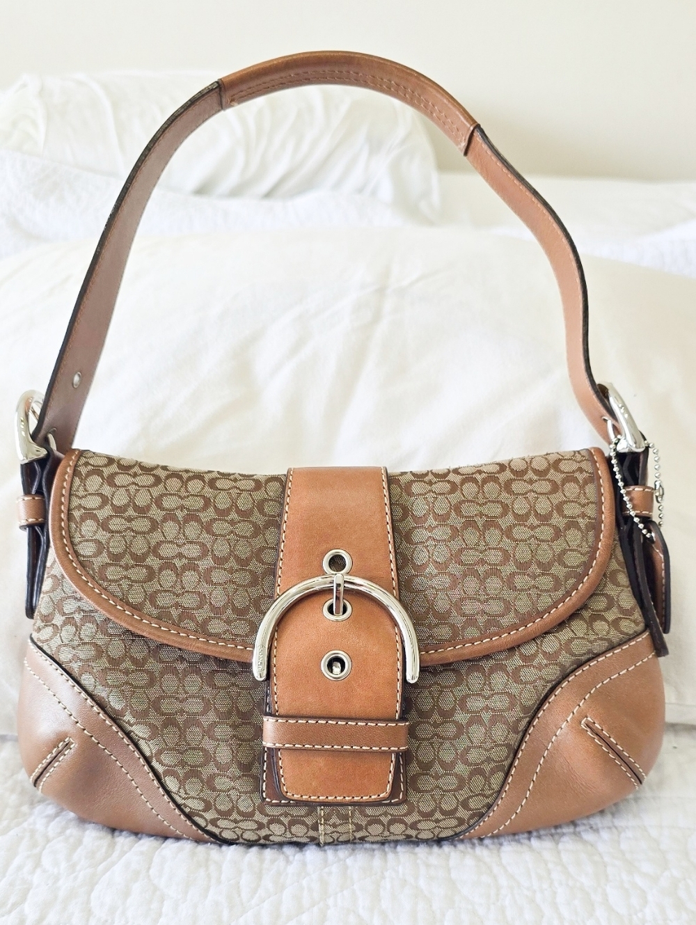 Coach Soho Flap  Signature Canvas Shoulder Bag in Tan and Brown -size Small - Picture 2 of 11